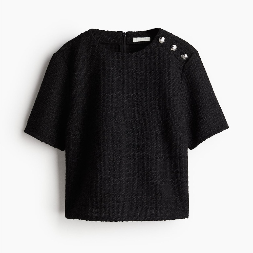 H&M Black Textured Blouse with Button Accents